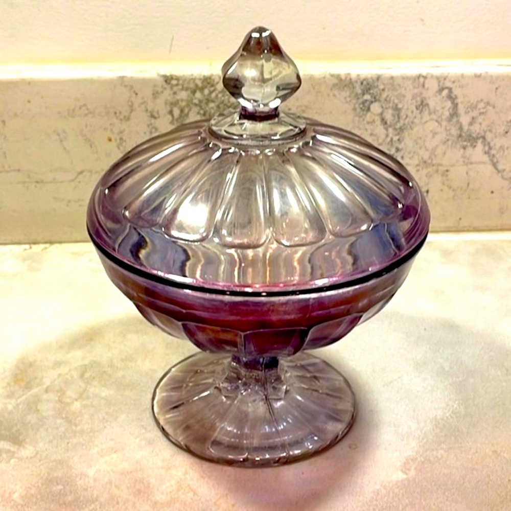 Antique Carnival Glass Covered Candy Jar Clear Amethyst Iridescent Signed Heisey - Picture 4 of 9